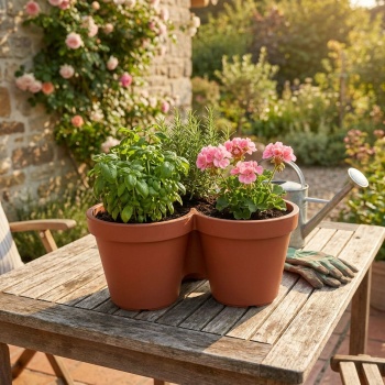 Preview: 4er-Set Blumentopf mit 3 Fächern, Terracotta, Ø 44 cm – Praktische Pflanzschale, 3-geteilt, ideal für Kräuter & Blumen