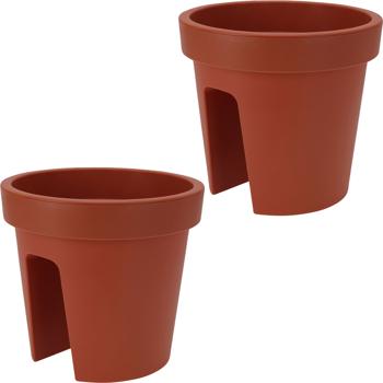 2er-Set Balkon-Blumentopf - runder Geländertopf, terracotta, Ø 28 cm - aus 100% recycelbarem Kunststoff für Geländer bis 6 cm Breite