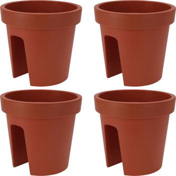 4er-Set Balkon-Blumentopf rund, Terracotta - Geländertopf für Balkone bis 6 cm Breite - Ø 28 cm, 100% recycelbares Polypropylen, wetterbeständig