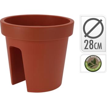 Preview: 6er-Set Balkon-Blumentopf rund - Terracotta Geländertopf für Geländer bis 6cm Breite - Ø 28 cm - 100% recycelbarer Kunststoff - Wetterbeständig