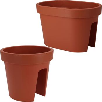 2er-Set Balkon-Blumentopf - oval & rund, terracotta - ideal für Geländer bis 6 cm Breite - aus recycelbarem Kunststoff, langlebig, wetterfest