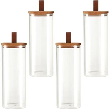Preview: 4er-Set Vorratsglas mit Akazienholzdeckel - 1900 ml Borosilikatglas - Hält Lebensmittel länger frisch & schützt - Geruchs-/Geschmacksneutral