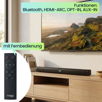 Preview: Bluetooth 5.0 Soundbar, 30W, für TV & Musik – HDMI-ARC, Opt/Aux, schwarz, mit Fernbedienung, Heimkino-Soundbar