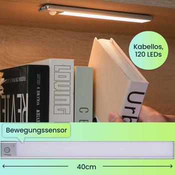 Preview: Flache Akku LED-Lichtleiste, 40cm mit Bewegungssensor, 120 LEDs: Kabellos, hell & energiesparend – Perfekt für Schrank, Flur & Küche