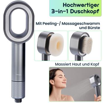 Preview: Hochwertiger 3-in-1 Duschkopf mit Bürste, Schwamm und Wasserspar Funktion - 2 x Premium-Wasserfilter - Wellness Brause für Ihr Spa-Erlebnis