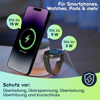 Preview: Multifunktionale drahtlose & komfortable Ladestation mit Nachtlicht (15W) USB-C - weiss - für Smartphones, Watches, Pods & mehr - Komfort + Ordnung