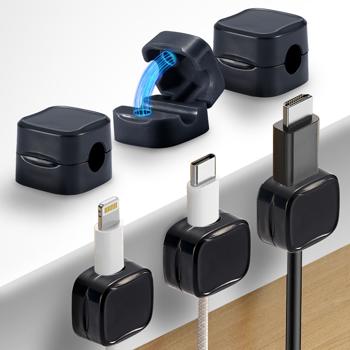 Preview: 12er-Set Kabelorganizer mit Magnetclip, schwarz: Schreibtisch-Kabelhalter, selbstklebend & flexibel – Nie wieder Kabelsalat im Büro & Zuhause