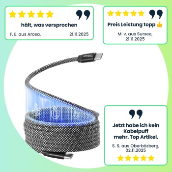 Preview: 3er-Set USB-C Ladekabel 100W, 1m: Magnetische Aufrollfunktion, schnell & knotenfrei – zuverlässig für Samsung, Xiaomi, iPad, iPhone, Notebooks uvm.