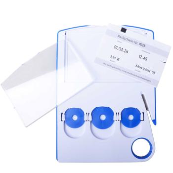 Preview: 4in1 Parkscheibe mit Gurtschneider, Parkscheinhalter & 3 Einkaufchips (Eurogrösse) - Autozubehör Kunststoff 15x11cm - Notfall & Alltag sicher