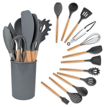 Preview: Elegantes 12-tlg. Küchenhelfer Set aus Silikon mit Holzgriff: Stilvolle Kochutensilien für jede Küche, Praktisch, hochwertig & ein echter Blickfang