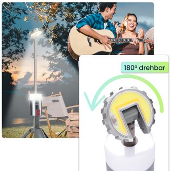 Preview: Professionelle Outdoor-LED-Leuchte mit Stativ – Mobiler Akku-Strahler mit 180° schwenkbarem Kopf, dimmbar, RGB & Powerbank