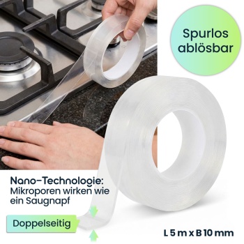 Preview: Doppelseitiges Nano-Klebeband Transparent (5m x 10mm): Starke 110g/cm² Haltekraft, Wiederverwendbar, spurlos ablösbar