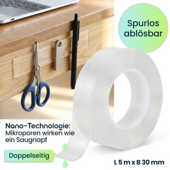Preview: Doppelseitiges Nano-Klebeband Transparent (5m x 30mm): Starke 110g/cm² Haltekraft, Wiederverwendbar, spurlos ablösbar