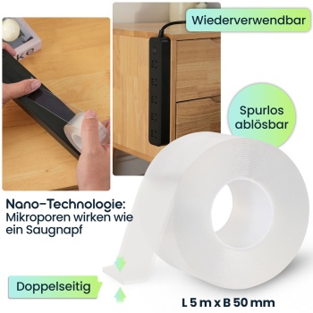 Preview: Doppelseitiges Nano-Klebeband Transparent (5m x 50mm): Starke 110g/cm² Haltekraft, Wiederverwendbar, spurlos ablösbar