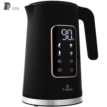 Preview: Eleganter 1,7L Edelstahl-Wasserkocher: 2200W, modernes Touch-Display, 4 Stufen, 360°, matt schwarz-roségold – schnelles & stilvolles Wasser kochen