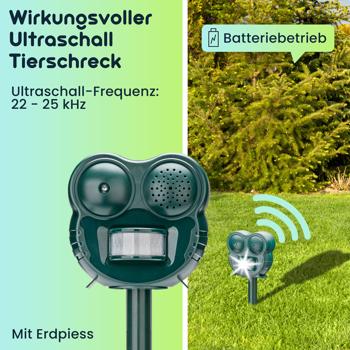Preview: 2er-Set  2in1 Wirkungsvoller Ultraschall Tierschreck mit LED-Blitzicht und PIR-Bewegungsmelder, 70 m² - Tierabwehr gegen Katzen, Hunde und Wildtiere