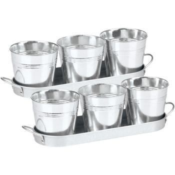 2er-Set Kräutertöpfe, 3tlg., mit Tablett, Metall, Pflanztöpfe für Kräuter, Basilikum, Minze, Petersilie, für die Küche und Fensterbank