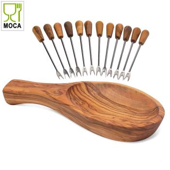 Preview: Tapas-Set aus Olivenholz - handgefertigte Schale 22 cm - 12 Snack- & Olivengabeln - robust, langlebig, kratzfest - 100% unbehandelt - Italien
