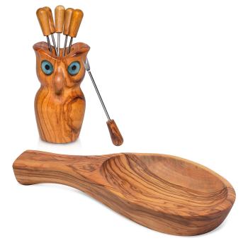Preview: Tapas-Set Eule aus 100% Olivenholz – Handgefertigte Schale 22 cm - Eule mit 6 Snack- & Olivengabeln 12x8 cm - Made in Italy - Kratzfest - Unikat