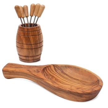 Tapas-Set aus Olivenholz - Handgefertigte Schale 22 cm & Fass mit 6 Snack-Gabeln - antibakteriell, robust, kratzfest - 8-teilig - Made in Italy