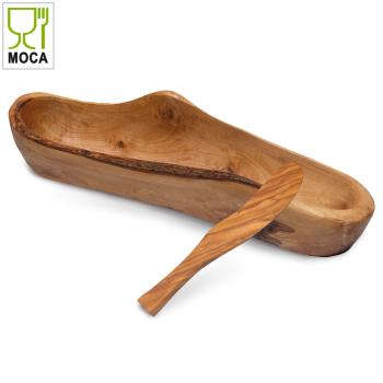 Preview: Baguette-Schale Olivenholz - Stilvolles Servieren von Brot & Snacks - Handgefertigt, rustikal, MOCA-zertifiziert - 35 cm Schale, 17 cm Buttermesser