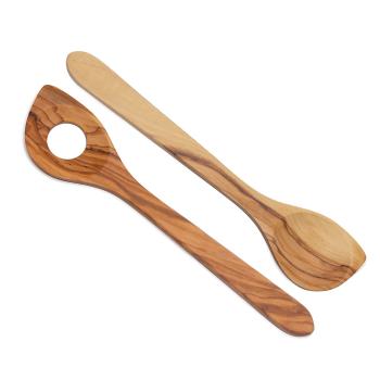 Olivenholz Kellenset 2-teilig - Rühr- & Lochkelle mit Spitze für Töpfe & Pfannen - 30cm - Handgefertigt in Italien - Unikate Maserung - Langlebig