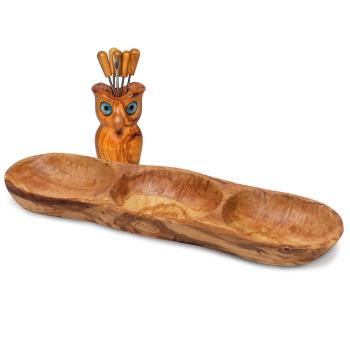 Knabber-Set Eule Olivenholz 8-teilig - Antibakterielle 3-Fächer-Snackschale & 6 Snackgabeln - Handgefertigt Italien - 33x10x7cm Schale, 12x8cm Eule