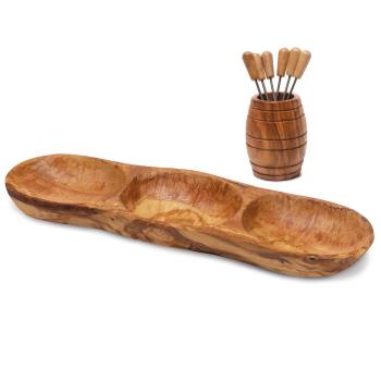 Tapas-Set Fässchen Olivenholz - Apéro-Set mit 6 Snackgabeln - Handgefertigt, antibakteriell, 8-teilig, Made in Italy - 33x10x7cm Schale - 12x8cm Fässchen