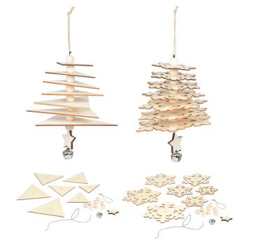 2er-Set 3D-Bastel-Deko Naturholz - Weihnachtsbaum, Stern, Dreieck - Kreativer Weihnachtsschmuck zum Bemalen & Verzieren - Braun/Natur, Holz