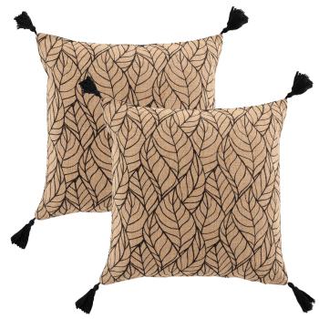 Kissenhüllen 2er-Set aus Jute & Baumwolle - Elegante Deko mit Bommel & Blatt-Muster - Für Sofa, Bett, Lounge - Braun/Schwarz, 40x40cm