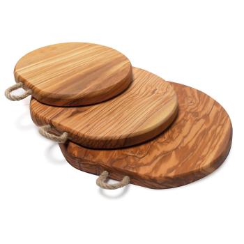 Rundes Olivenholzbrett 3er-Set - Schneidebrett & Servierplatte mit Kordel zum Aufhängen - Handgefertigt, Made in Italy - 18/21/25cm