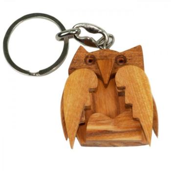 Preview: 3er-Set Schlüsselanhänger Delfin, Eule und Herz, aus Olivenholz, braun, 5 x 5 cm