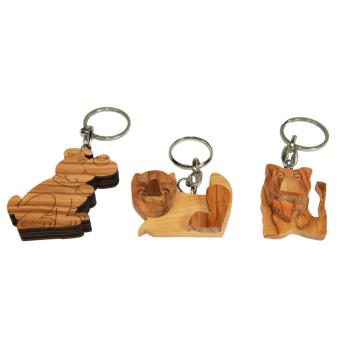 3er-Set Schlüsselanhänger - Hund, Katze, Löwe - Olivenholz, braun, 5x5cm - Robust, detailgetreu, ideal als Geschenk - Unikate durch einzigartige Holzmaserung