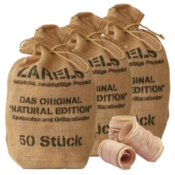 3er-Set Kamin- & Grillanzünder aus Naturholz - Wachsgetränkt, langes Brennen & hohe Hitze - 3x 50 Stück im Jutebeutel - Made in Germany, FSC 100%