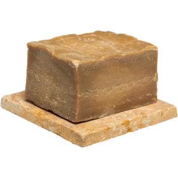 Preview: 3er-Set Echte Aleppo-Seife - Handgemacht in Syrien, 100% natürlich, Olivenöl & Lorbeeröl - Pflegend & vegan mit Travertin-Seifenablage 10x10cm