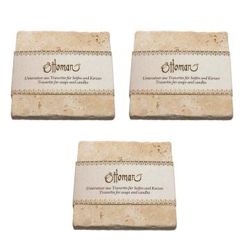Travertin Seifenablage 3er-Set - Naturstein handgefertigt, unbehandelt, light-hellbeige, 10x10cm - Hygienisch, für Seife/Shampoo, auch Untersetzer