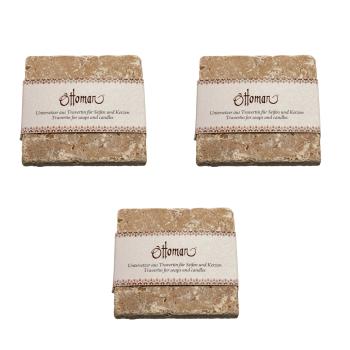 3er-Set Seifenablage aus Travertin - quadratisch, kräftig-braun, 10x10 cm - Handgefertigt, unbehandelter Naturstein, langlebig, hygienisch