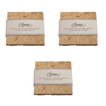 3er-Set Seifenablage aus Travertin - gold-gelb, quadratisch, 10x10cm - Handgefertigt, Naturstein, für Bad & WC, hygienisch, langlebig - ideal als Untersetzer