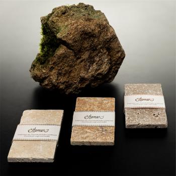 Preview: 3er-Set Seifenablage aus Travertin rechteckig - Handgefertigt, hygienisch & stilvoll für Bad & WC - Naturstein kräftig-braun, 14,5x7cm