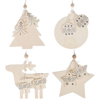 4er-Set Holz-Anhänger Weihnachten - Rentier, Weihnachtskugel, Christbaum & Stern - Natur zum Beschriften/Bemalen - Deko für Baum, Geschenke & Tisch