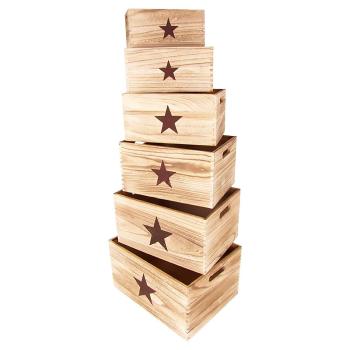 Deko-Holzboxen "Stern" 6er-Set - Paulownia-Holz, stapelbar, mit Griffaussparungen - Ordnungsboxen für diverse Utensilien & Deko - 40x22x30cm bis 25x12x15cm