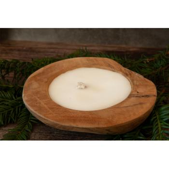 Preview: Teakholz-Kerzenschale - Tischkerze mit Wachs gefüllt - Ø 20x7cm - Handgefertigt, massives Teakholz aus Blora East Java, Unikat für Terrasse, Balkon & Garten