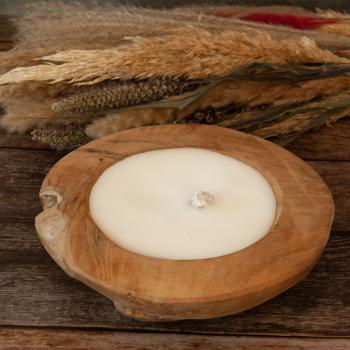 Preview: Teakholz-Kerzenschale - Tischkerze mit Wachs gefüllt - Ø 20x7cm - Handgefertigt, massives Teakholz aus Blora East Java, Unikat für Terrasse, Balkon & Garten