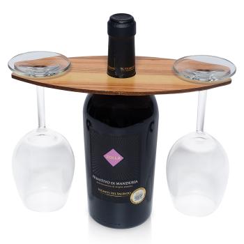 Olivenholz Wein-Caddy Flaschenhalter - für zwei Weingläser - 25x11cm Holztablett - Handgefertigt, schnittfest & umweltfreundlich - ideales Geschenkset