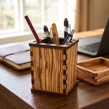 Stiftehalter aus Olivenholz - Handgefertigt, elegant & massiv - 8x8x10,5cm, hellbraun mit dunkler Maserung - Für Stifte & Kosmetik im Büro