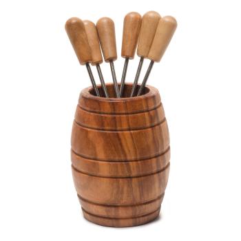 Olivenholz Fässchen mit 6 Pieksern - Handgefertigt für Fingerfood & Antipasti - 12x8cm Natur Holzmaserung MOCA-zertifiziert - Unikat aus Italien