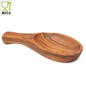 Preview: Olivenholz Tapasschale in Blattform - 22 cm - Handgefertigt - Kratzfest & hygienisch - Für Snacks & Antipasti - Unikat aus Italien - MOCA-zertifiziert