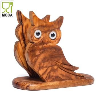 Preview: Serviettenhalter Eule Olivenholz - Handgefertigt in Italien - Rustikales Naturholz Design - 14x14x8cm - MOCA-zertifiziert für Lebensmittel