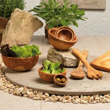 Preview: Olivenholz Schüsselset - 6 ineinander stapelbare Salatschalen Obstschalen - Handgefertigt, geölt, MOCA-zertifiziert, Ø 6-17 cm - Italien