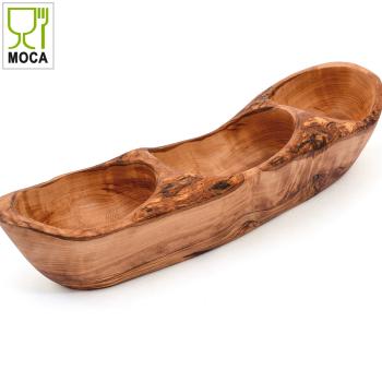 Preview: Olivenholz Knabberschale – Servierschale mit 3 Fächern für Snacks-Nüsse-Oliven – Handgefertigt-Antibakteriell-Robust-Unikat-33x10x3-7cm-Italien